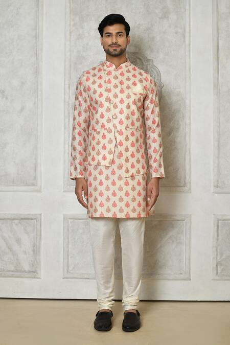 Arihant Rai Sinha_Off White Cotton, Silk Embroidery Floral Print Asymmetric Bundi Set _at_Aza_Fashions