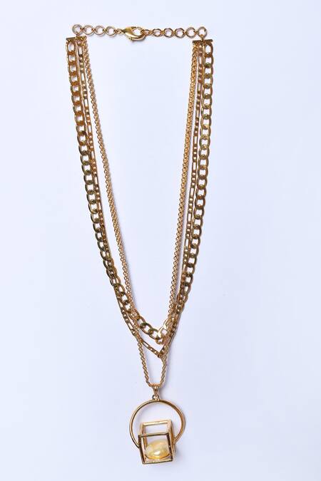 Nepra By Neha Goel_Gold Plated Cube Pendant Layered Necklace_Online_at_Aza_Fashions