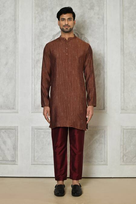 Samyukta Singhania Brown Cotton Silk Printed Stripe Mandarin Collar Kurta Online at Aza Fashions Samyukta Singhania_Brown Cotton Silk Printed Stripe Mandarin Collar Kurta_Online_at_Aza_Fashions