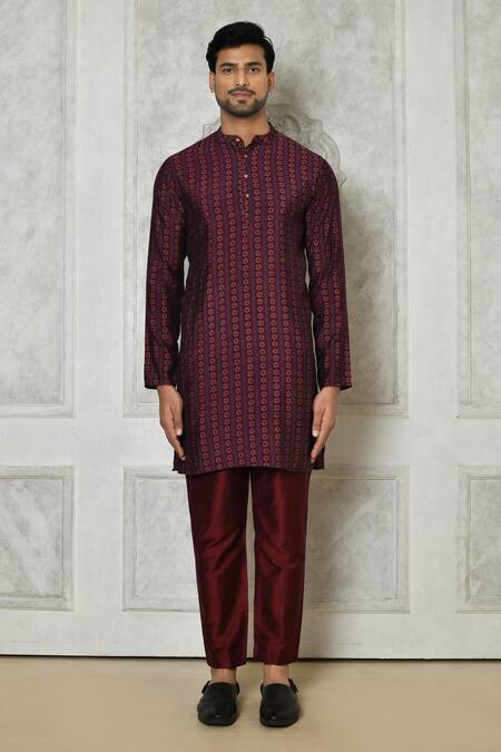 Samyukta Singhania Maroon Cotton Silk Printed Floral Stripe Short Kurta Online at Aza Fashions Samyukta Singhania_Maroon Cotton Silk Printed Floral Stripe Short Kurta_Online_at_Aza_Fashions
