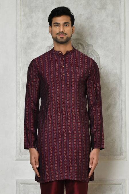 Samyukta Singhania Maroon Cotton Silk Printed Floral Stripe Short Kurta at Aza Fashions Samyukta Singhania_Maroon Cotton Silk Printed Floral Stripe Short Kurta_at_Aza_Fashions