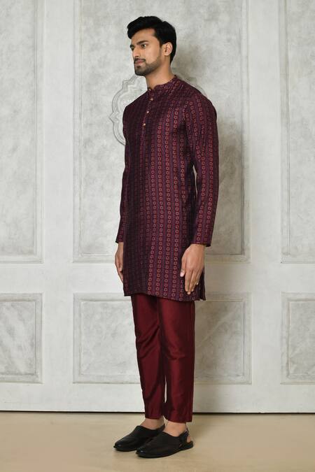 Buy Samyukta Singhania Maroon Cotton Silk Printed Floral Stripe Short Kurta Online at Aza Fashions Buy_Samyukta Singhania_Maroon Cotton Silk Printed Floral Stripe Short Kurta_Online_at_Aza_Fashions