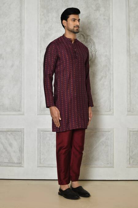 Shop Samyukta Singhania Maroon Cotton Silk Printed Floral Stripe Short Kurta Online at Aza Fashions Shop_Samyukta Singhania_Maroon Cotton Silk Printed Floral Stripe Short Kurta_Online_at_Aza_Fashions