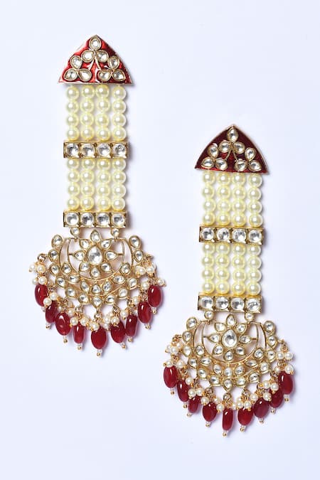Studio6 Jewels_Red Pearls, Diamonds, Stones Floral Pattern Dangler Earrings _Online_at_Aza_Fashions