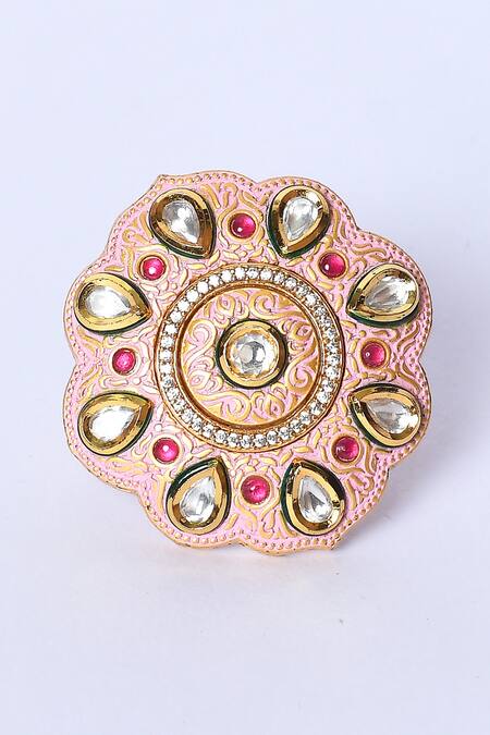 Studio6 Jewels_Pink Embroidery, Stones Floral Shape Enamelled Ring _Online_at_Aza_Fashions