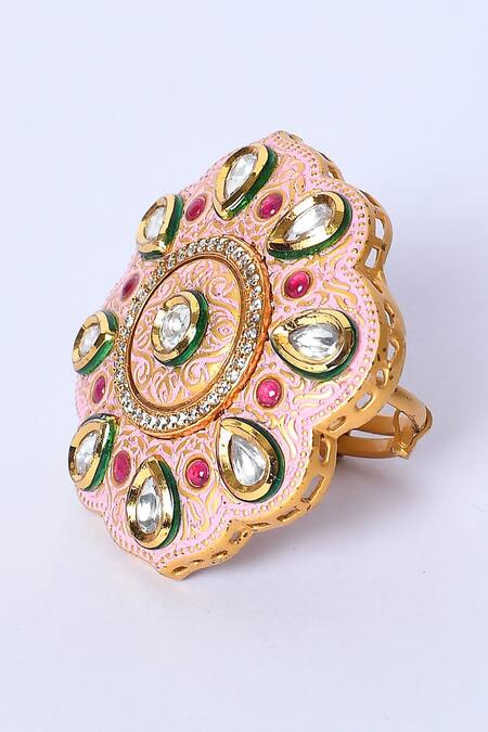 Buy_Studio6 Jewels_Pink Embroidery, Stones Floral Shape Enamelled Ring _Online_at_Aza_Fashions