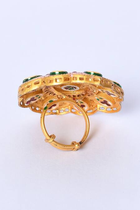 Shop_Studio6 Jewels_Pink Embroidery, Stones Floral Shape Enamelled Ring _Online_at_Aza_Fashions