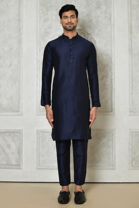 Arihant Rai Sinha_Blue Cotton, Silk Embroidery Geometric Print Kurta Set _at_Aza_Fashions