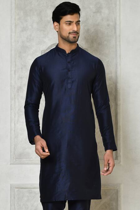 Shop_Samyukta Singhania_Blue Cotton Silk Plain Full Sleeve Kurta_Online_at_Aza_Fashions