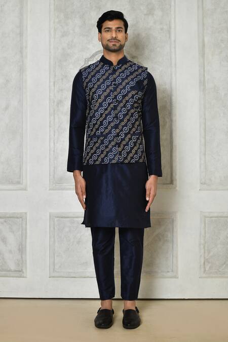 Samyukta Singhania_Blue Cotton Silk Printed Bandhani Bundi And Kurta Set_at_Aza_Fashions