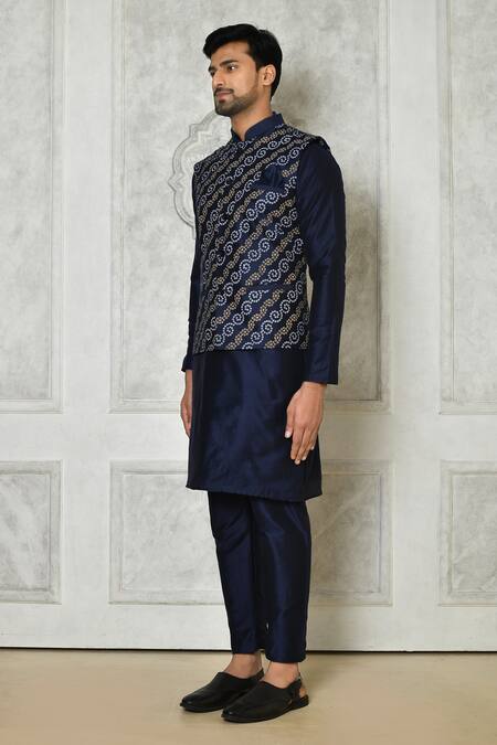 Buy_Samyukta Singhania_Blue Cotton Silk Printed Bandhani Bundi And Kurta Set