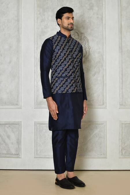 Shop_Samyukta Singhania_Blue Cotton Silk Printed Bandhani Bundi And Kurta Set
