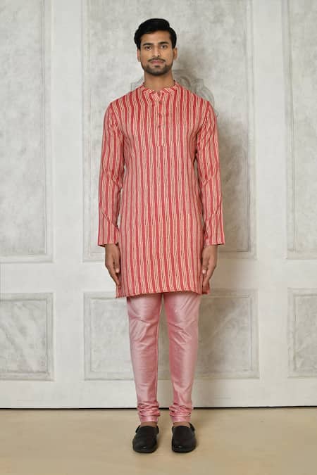 Samyukta Singhania_Coral Cotton Silk Printed Linear Short Mandarin Collar Kurta_Online_at_Aza_Fashions