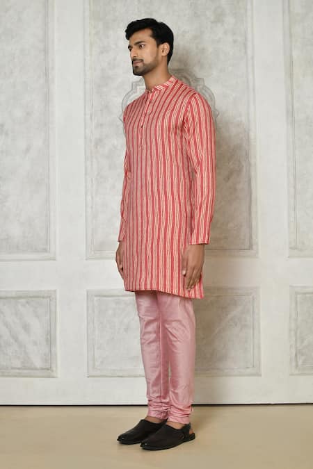 Buy_Samyukta Singhania_Coral Cotton Silk Printed Linear Short Mandarin Collar Kurta_Online_at_Aza_Fashions