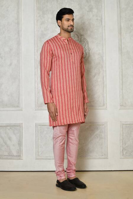 Shop_Samyukta Singhania_Coral Cotton Silk Printed Linear Short Mandarin Collar Kurta_Online_at_Aza_Fashions
