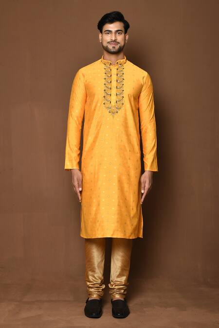 Shop_Naintara Bajaj_Yellow Kurta Raw Silk Embroidered Straight Pattern With Churidar _Online_at_Aza_Fashions