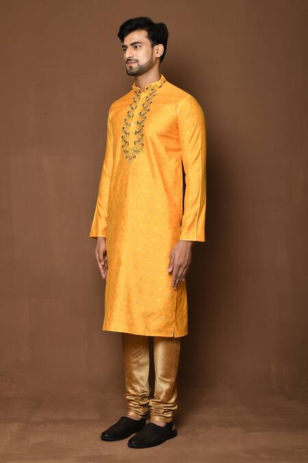 Naintara Bajaj_Yellow Kurta Raw Silk Embroidered Straight Pattern With Churidar _at_Aza_Fashions