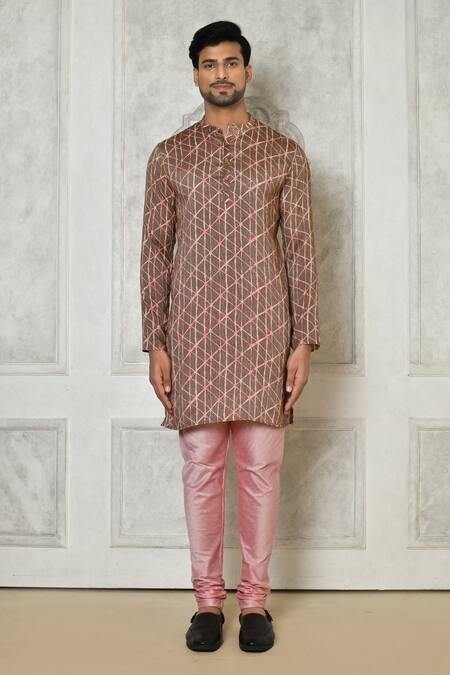 Samyukta Singhania_Brown Cotton Silk Printed Geometric Short Kurta_Online_at_Aza_Fashions