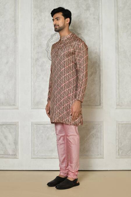 Buy_Samyukta Singhania_Brown Cotton Silk Printed Geometric Short Kurta_Online_at_Aza_Fashions