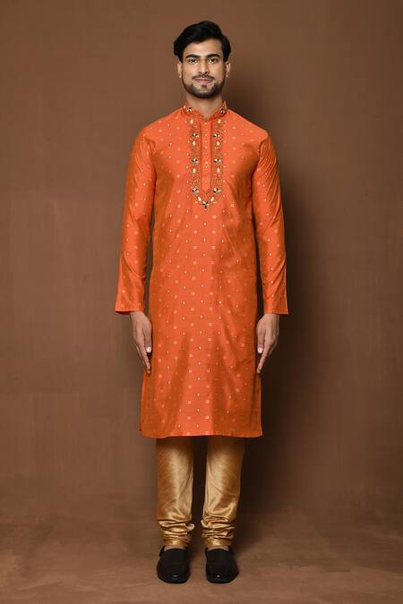 Shop_Aryavir Malhotra_Orange Kurta Raw Silk Embroidered Threadwork Patterned With Contrast Churidar_Online_at_Aza_Fashions