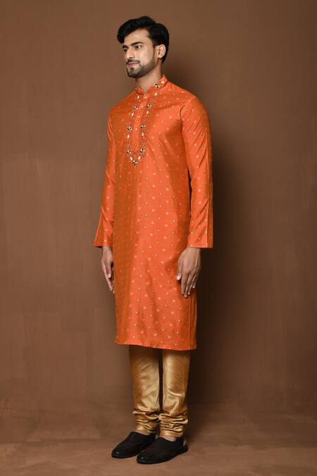 Aryavir Malhotra_Orange Kurta Raw Silk Embroidered Threadwork Patterned With Contrast Churidar_at_Aza_Fashions