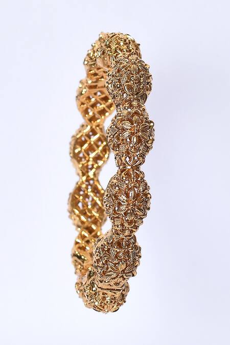 Studio6 Jewels_Gold Plated Cut Work Carved Temple Bangle - Set Of 2_Online_at_Aza_Fashions