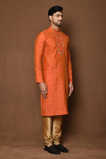 Buy_Aryavir Malhotra_Orange Kurta Raw Silk Embroidered Threadwork Patterned With Contrast Churidar
