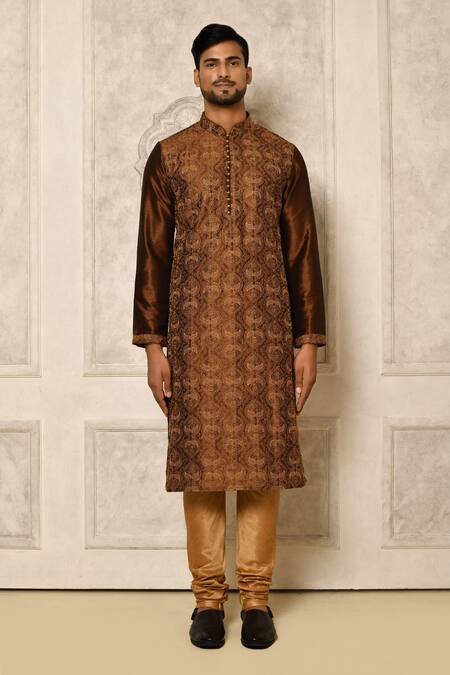 Shop_Naintara Bajaj_Brown Kurta Embroidered Dhupion Inverted Pattern Set _Online_at_Aza_Fashions