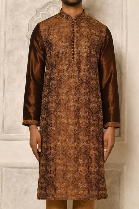 Shop_Naintara Bajaj_Brown Kurta Embroidered Dhupion Inverted Pattern Set 
