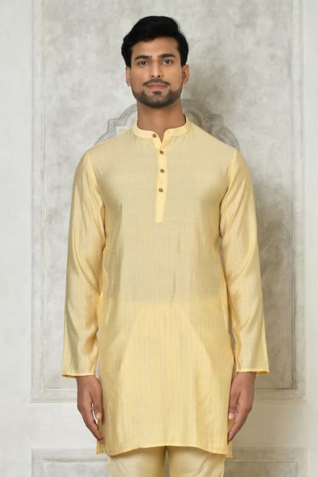 Samyukta Singhania_Beige Cotton Silk Printed Stripe Short Kurta_at_Aza_Fashions