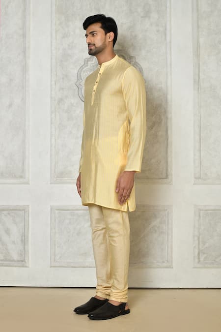 Buy_Samyukta Singhania_Beige Cotton Silk Printed Stripe Short Kurta_Online_at_Aza_Fashions