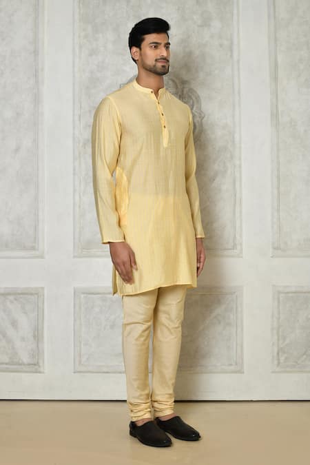 Shop_Samyukta Singhania_Beige Cotton Silk Printed Stripe Short Kurta_Online_at_Aza_Fashions