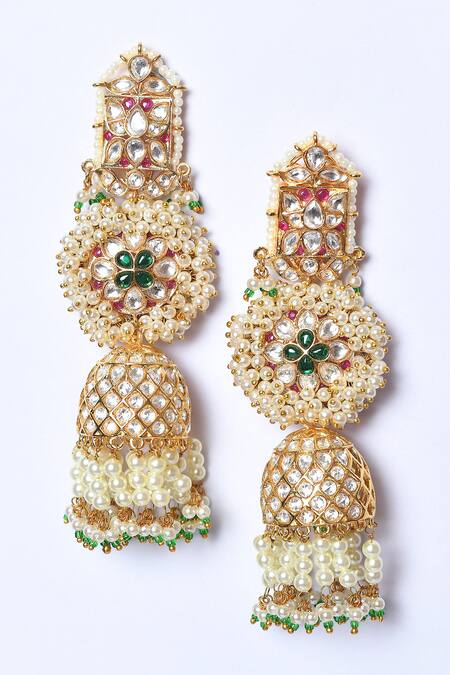 Studio6 Jewels_Green Diamonds, Pearls Kundan Embellished Jhumkis _Online_at_Aza_Fashions