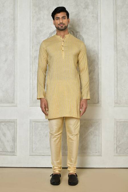 Samyukta Singhania Yellow Cotton Silk Printed Stripe Short Kurta Online at Aza Fashions Samyukta Singhania_Yellow Cotton Silk Printed Stripe Short Kurta_Online_at_Aza_Fashions