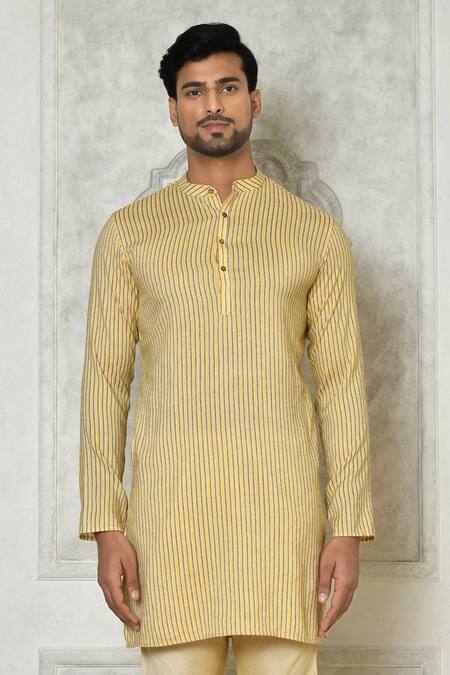 Samyukta Singhania Yellow Cotton Silk Printed Stripe Short Kurta at Aza Fashions Samyukta Singhania_Yellow Cotton Silk Printed Stripe Short Kurta_at_Aza_Fashions