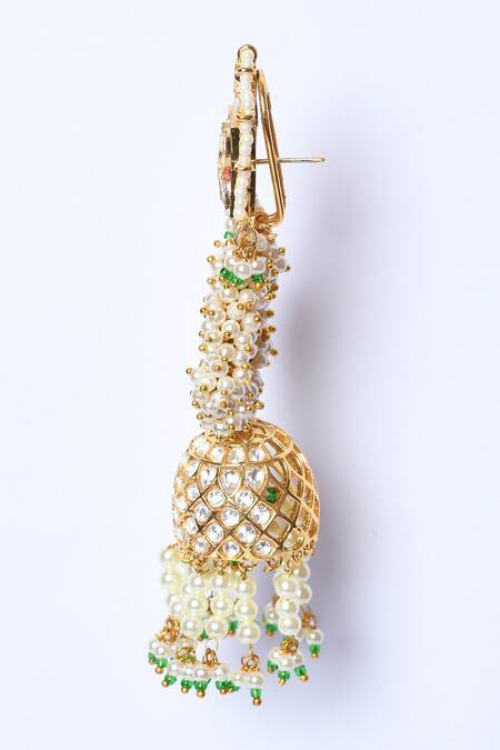 Buy_Studio6 Jewels_Green Diamonds, Pearls Kundan Embellished Jhumkis _Online_at_Aza_Fashions
