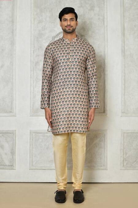 Samyukta Singhania_Beige Cotton Silk Print Peacock Feather Motif Kurta_Online_at_Aza_Fashions