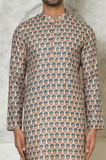 Samyukta Singhania_Beige Cotton Silk Print Peacock Feather Motif Kurta_at_Aza_Fashions