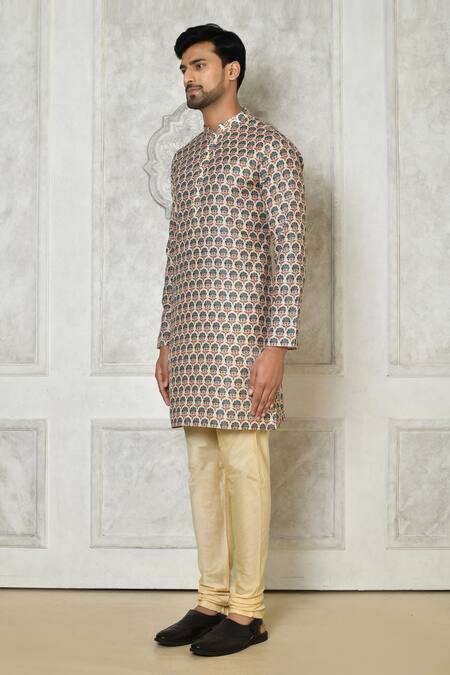 Buy_Samyukta Singhania_Beige Cotton Silk Print Peacock Feather Motif Kurta_Online_at_Aza_Fashions