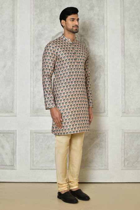 Shop_Samyukta Singhania_Beige Cotton Silk Print Peacock Feather Motif Kurta_Online_at_Aza_Fashions