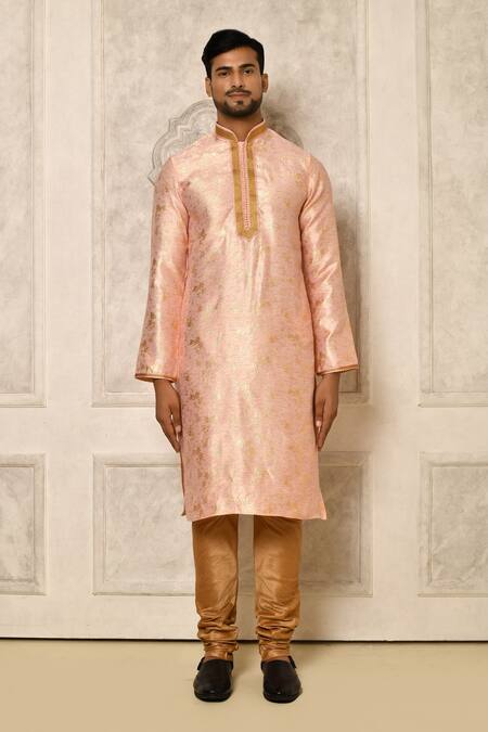 Shop_Naintara Bajaj_Pink Kurta Linen Silk Woven Flower Pattern And Pyjama Set _Online_at_Aza_Fashions