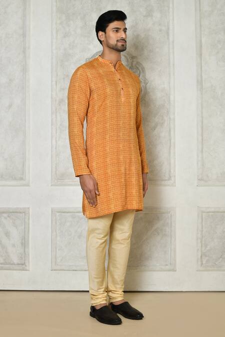 Shop Samyukta Singhania Orange Cotton Silk Printed Checkered Kurta Online at Aza Fashions Shop_Samyukta Singhania_Orange Cotton Silk Printed Checkered Kurta_Online_at_Aza_Fashions