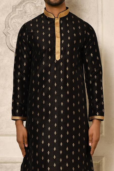 Shop_Naintara Bajaj_Black Kurta Dhupion Print Pine Tree Pattern Set 