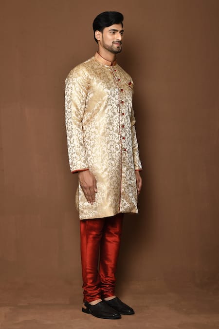 Buy_Aryavir Malhotra_Beige Sherwani Raw Silk Floral Blooming Pattern With Churidar 