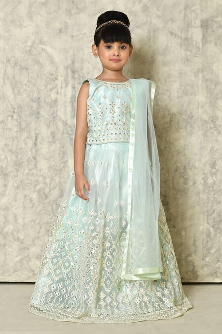 Buy_Petite Pomme_Green Net Sequins Geometric Cluster Embroidered Lehenga Set_Online_at_Aza_Fashions