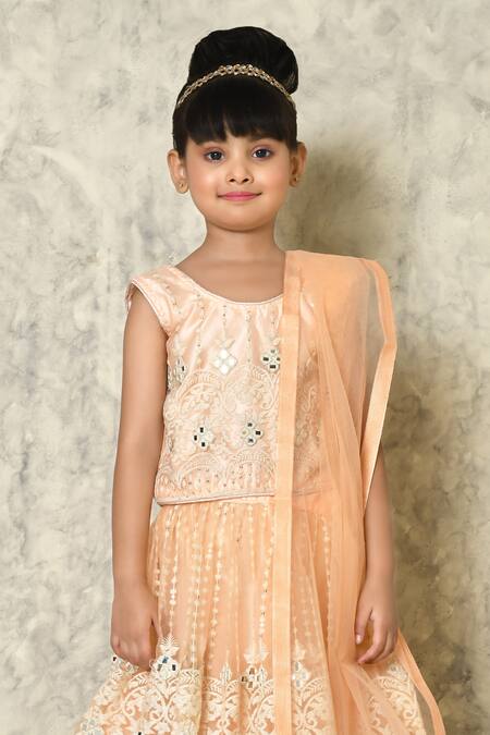Petite Pomme Peach Net Embroidery, Mirrors Work Embellished Lehenga Set Online at Aza Fashions Petite Pomme_Peach Net Embroidery, Mirrors Work Embellished Lehenga Set_Online_at_Aza_Fashions