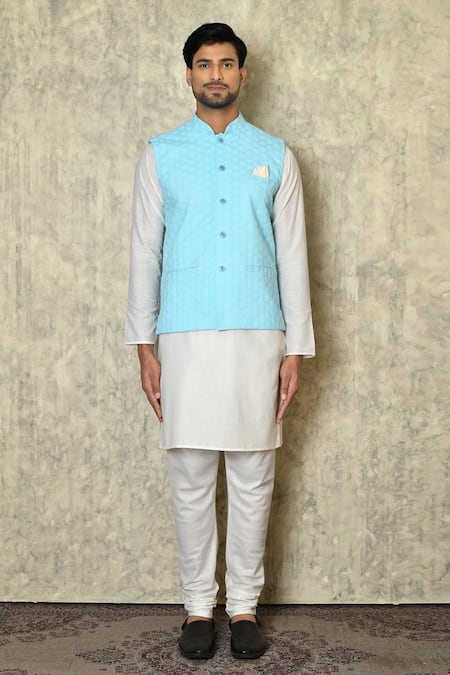 Shop_Nayantara Couture_Blue , Satin Embroidery Chikankari Bundi And Kurta Set _Online_at_Aza_Fashions