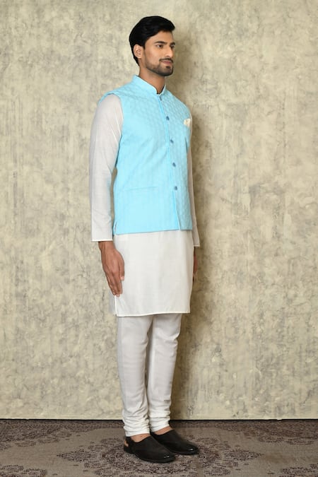 Nayantara Couture_Blue , Satin Embroidery Chikankari Bundi And Kurta Set _at_Aza_Fashions