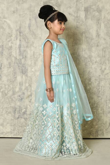 Shop_Petite Pomme_Sky Blue Net Embroidery, Sequins Geometric Cluster Threadwork Lehenga Set_Online_at_Aza_Fashions