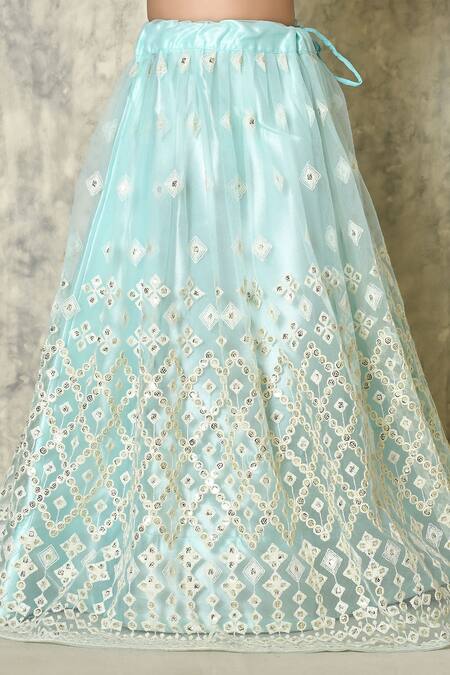 Petite Pomme_Sky Blue Net Embroidery, Sequins Geometric Cluster Threadwork Lehenga Set_at_Aza_Fashions
